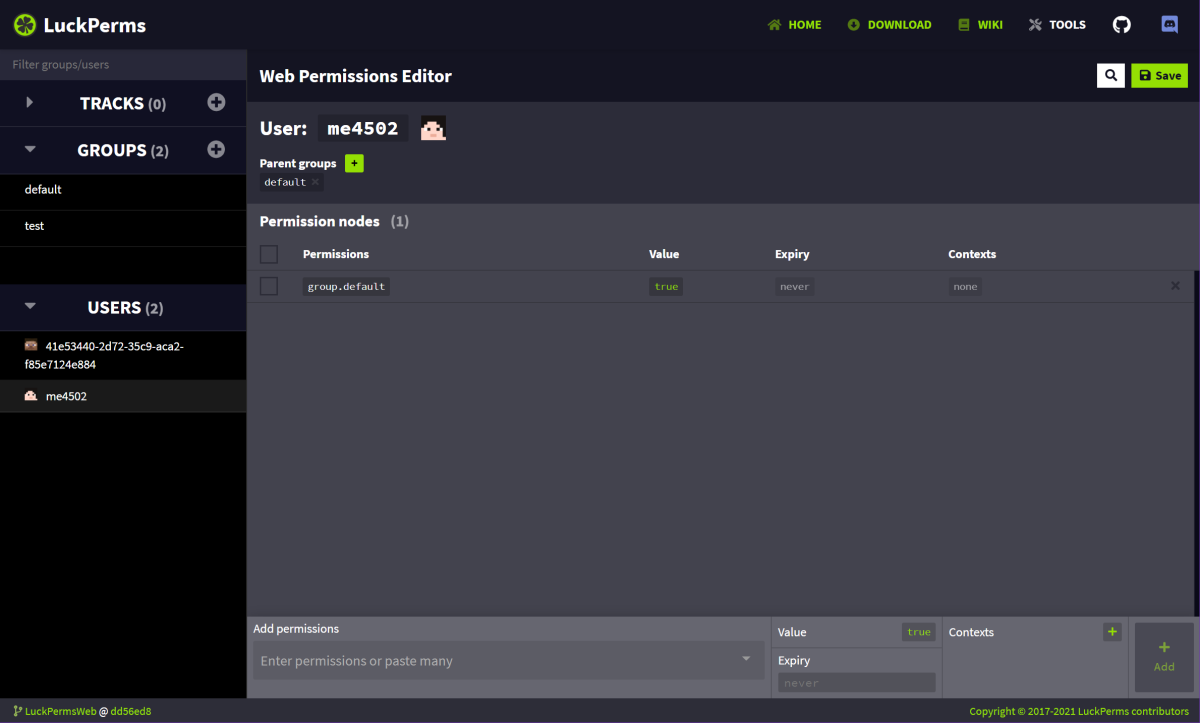 Edit permissions easily using the LuckPerms web editor The LuckPerms web editor, showing the permission nodes screen for the user Me4502